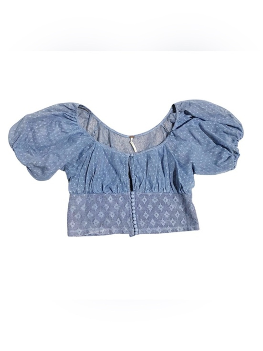 Free People Light Blue Puff-Sleeve Lace Cropped Blouse Keyhole Neck Size Small